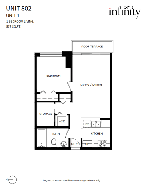 Floor plan for 1 bed, 1 bath
